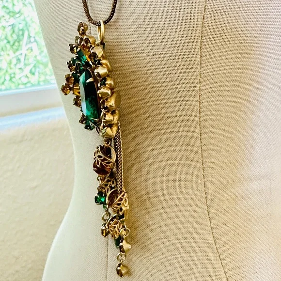 Vintage ANTIQUE Green PendantCrystal Tassel